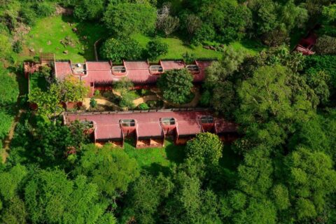 Le due ali dai tetti rossi dell'Amboseli Serena Safari Lodge viste dall'alto, in mezzo agli alberi