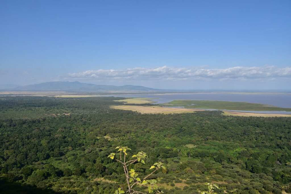 Vista dall'alto della scarpata sulla foresta verde, la pianura e il lago Manyara in lontananza