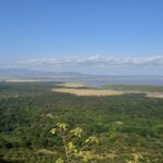 Vista dall'alto della scarpata sulla foresta verde, la pianura e il lago Manyara in lontananza