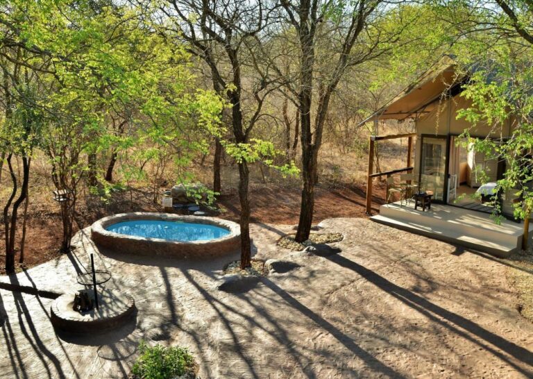 Una tenda in mezzo agli alberi, con la terrazza, la piscina rotonda e il braciere per il barbecue