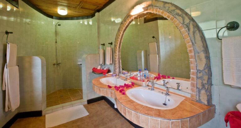 Un bagno con due lavabi cosparsi di petali e una doccia dietro un muretto