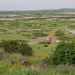 Vista da Observation Hill su una pianura verde macchiata di sale, una pista rossa, tre 4x4 parcheggiati vicino a un piccolo edificio ocra, basse colline in lontananza