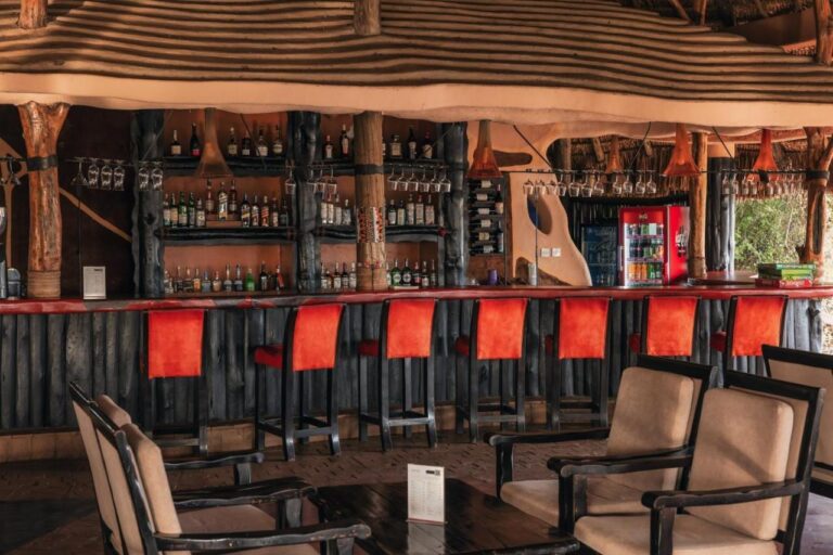 Il bar, con gli sgabelli rossi e gli scaffali di bottiglie, e delle poltrone in primo piano