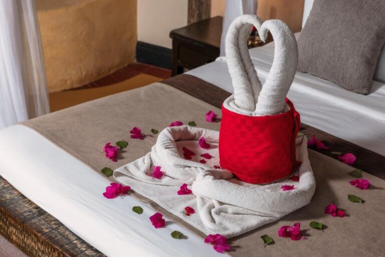 Due cigni fatti di asciugamani che formano un cuore su un letto cosparso di petali fucsia