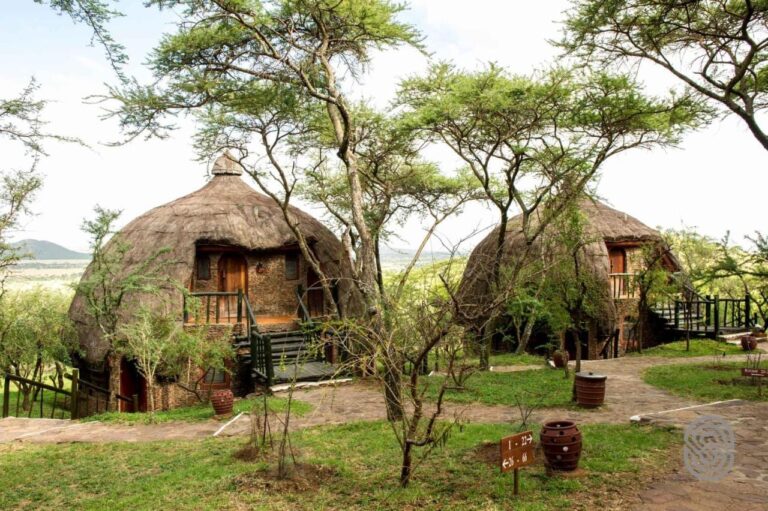 Due capanne rotonde del Serengeti Serena Safari Lodge, sotto il tetto di paglia a cupola, tra le acacie