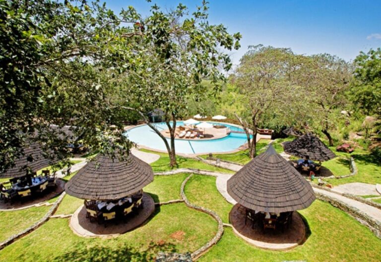 I gazebo con il tetto di paglia intorno alla piscina, sotto gli alberi