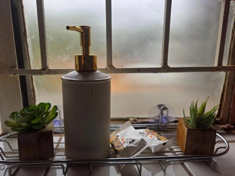 Un dispenser di sapone e due piante grasse sul davanzale di una finestra