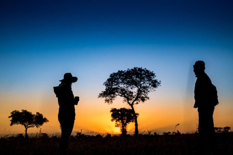 Due persone in controluce nella boscaglia, una con una tazza in mano, davanti agli alberi e a un orizzonte arancione