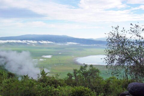Il fondo verde del cratere visto dal bordo, con il lago Magadi e le nuvole aggrappate alle pareti